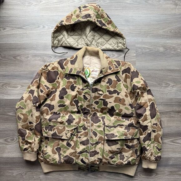 VTG 60s Woods Arctic Goose Down Camo Hunting Puffer Jacket Mens L Lightning Zip
